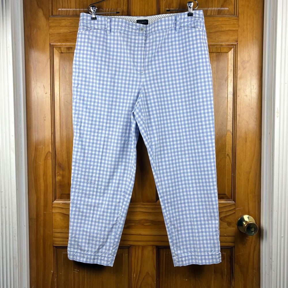 Talbots Sz 16 Perfect Crop Pant Blue White Gingham Check Button Hem Trousers